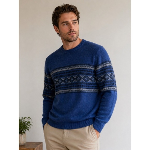 Saks Fifth Avenue Mens Blue 100% Cashmere Fair Isle Crewneck Sweater Size M
